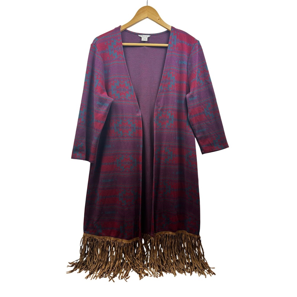 Ariat Fringe Aztec Duster Open Cardigan Womens Large Purple Boho‎ Western Glam